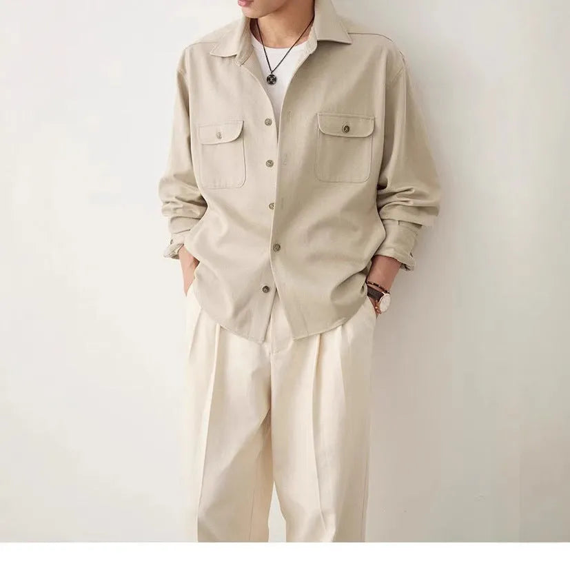 Men's cotton blend lapel shirt in light sand rice colour showing simple collar design and long sleeves