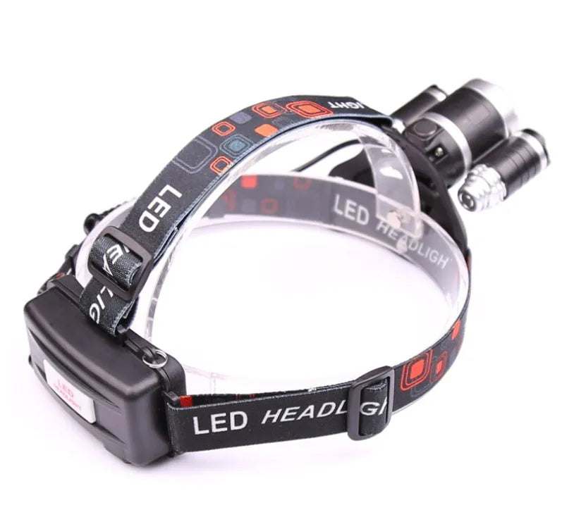 Gold aluminium alloy head torch with 5 LEDs and adjustable focus, sensor model, on a dark background