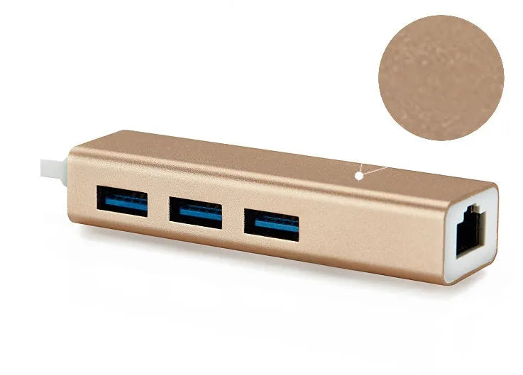 USB 3.0 to RJ45 Type-C Ethernet adapter hub in Champagne Gold, compact size 85x23.5x16.5mm