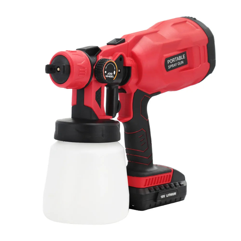 Blue cordless automatic paint spray gun with a large paint container and nozzle.