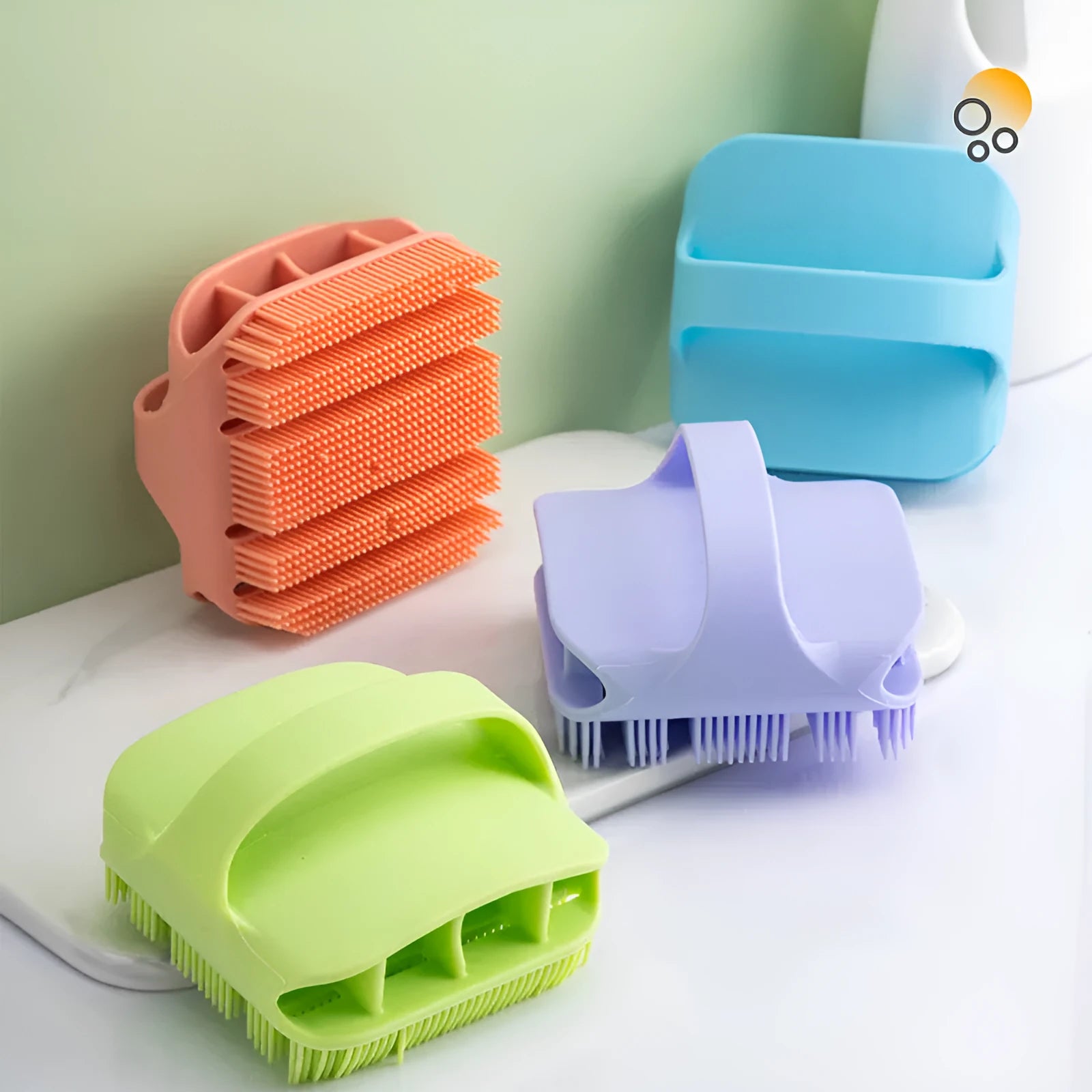 Silicone head massage comb shampoo scrubber with extra-long bristles and ergonomic handle, available in multiple colours