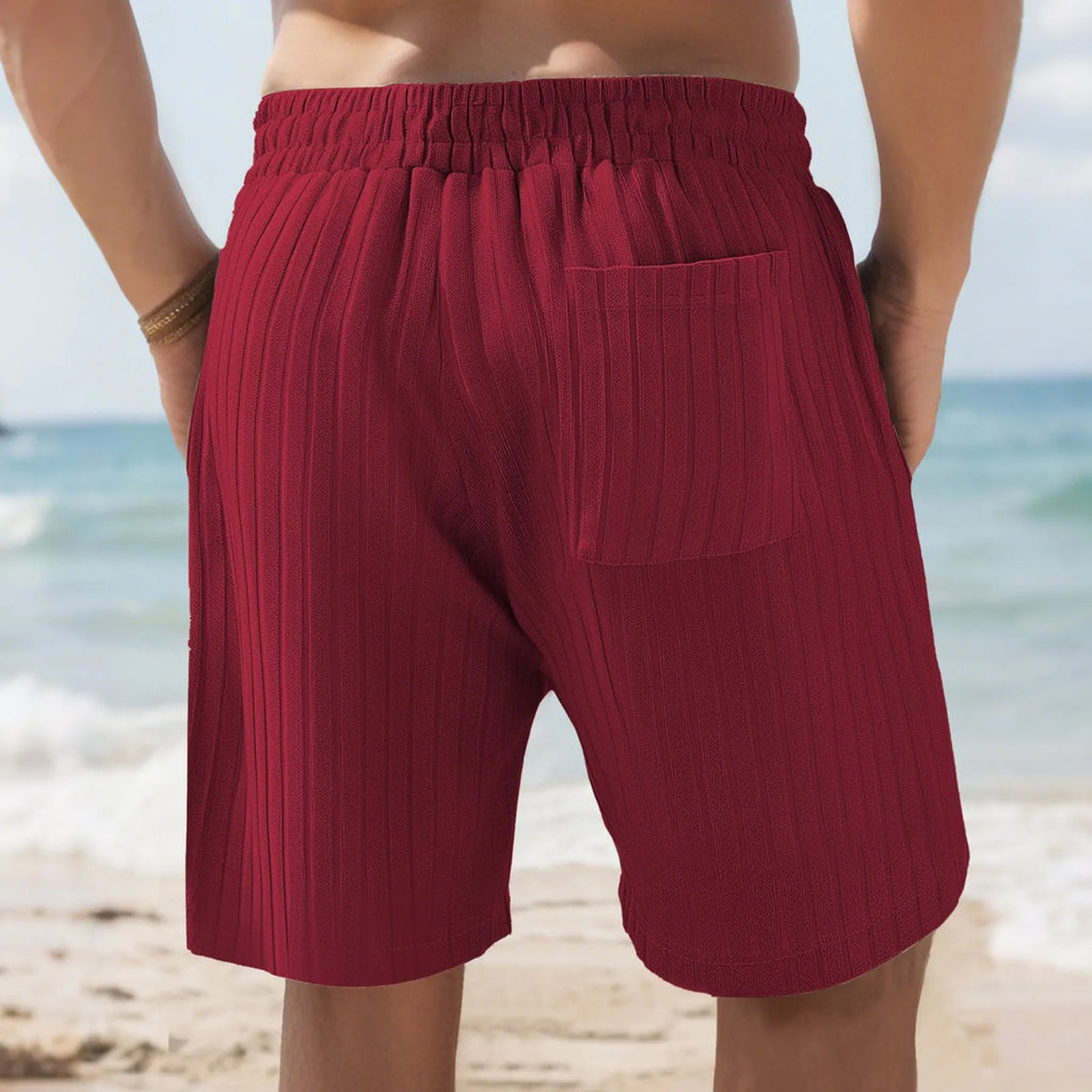 Men's striped beach pants with lace trim and multiple pockets in khaki