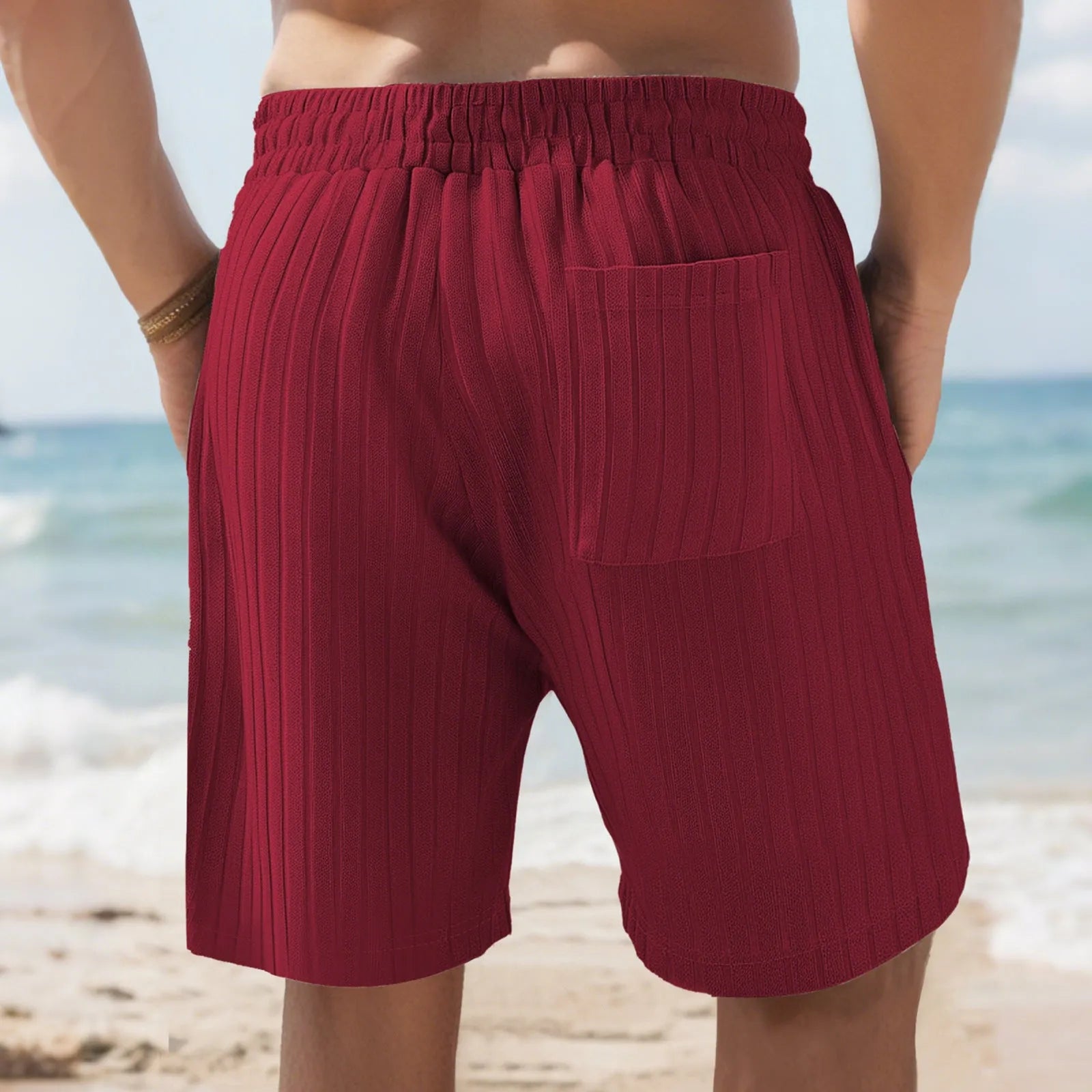 Men's striped beach pants with lace trim and multiple pockets in khaki