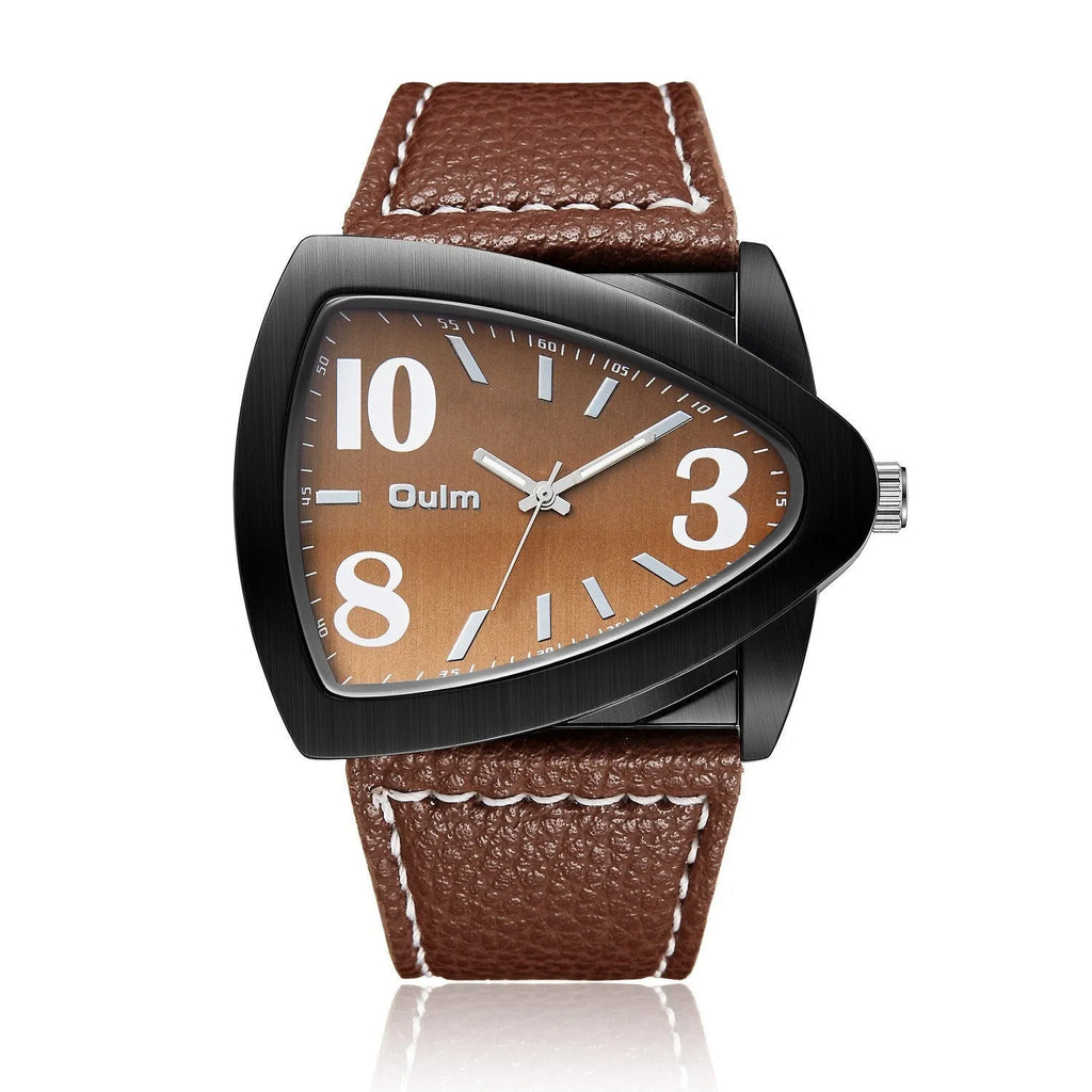 Men's triangle belt quartz watch showing 9mm thickness in brown, black or blue colour options
