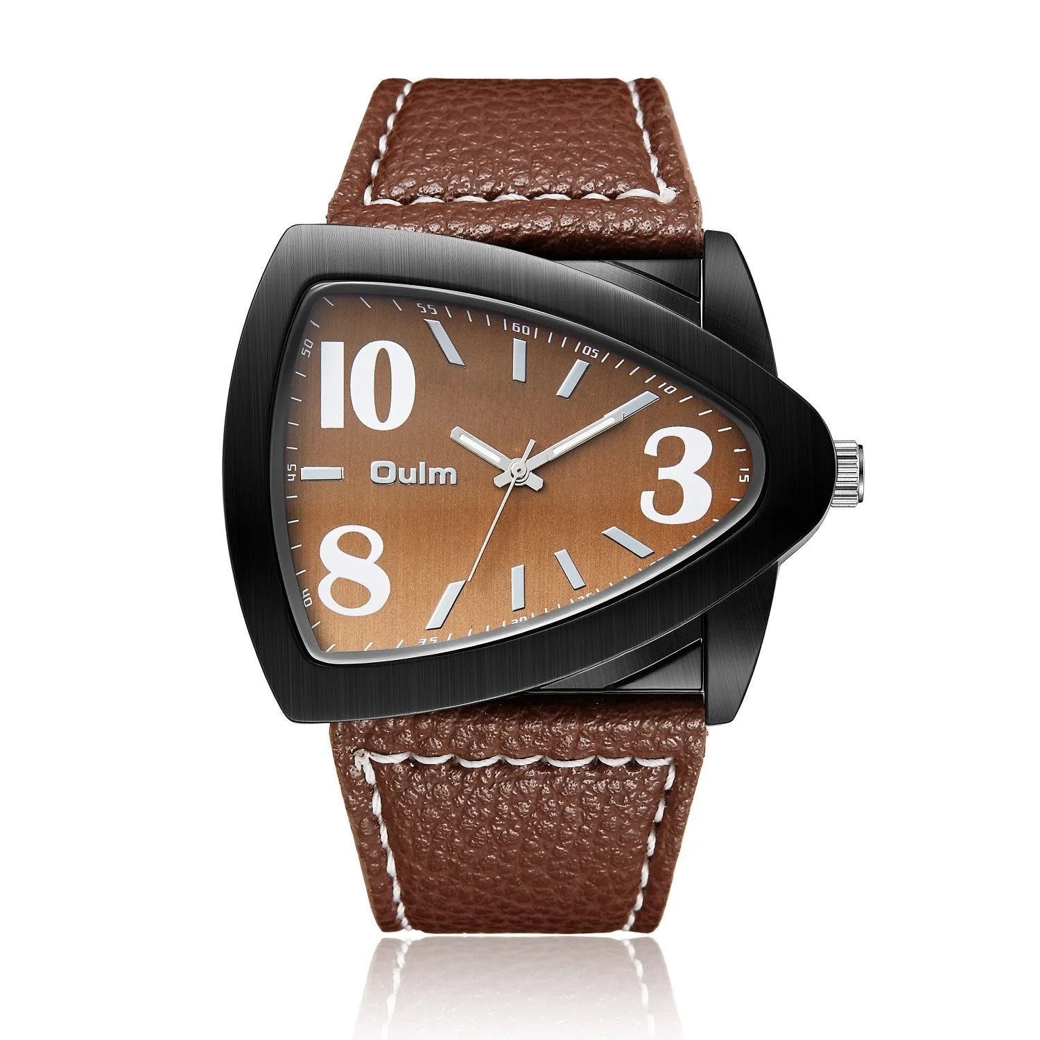 Men's triangle belt quartz watch showing 9mm thickness in brown, black or blue colour options