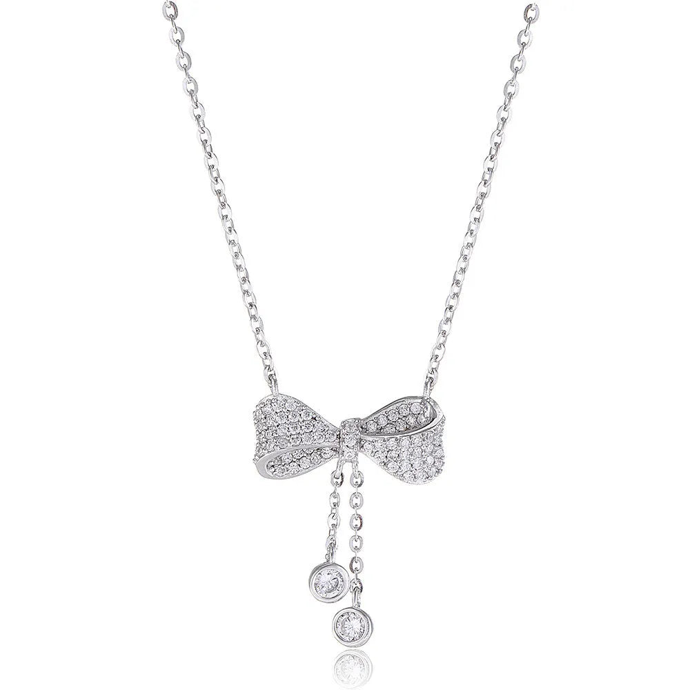 Women's sterling silver bow pendant necklace with O-ring chain, 40-45cm adjustable length