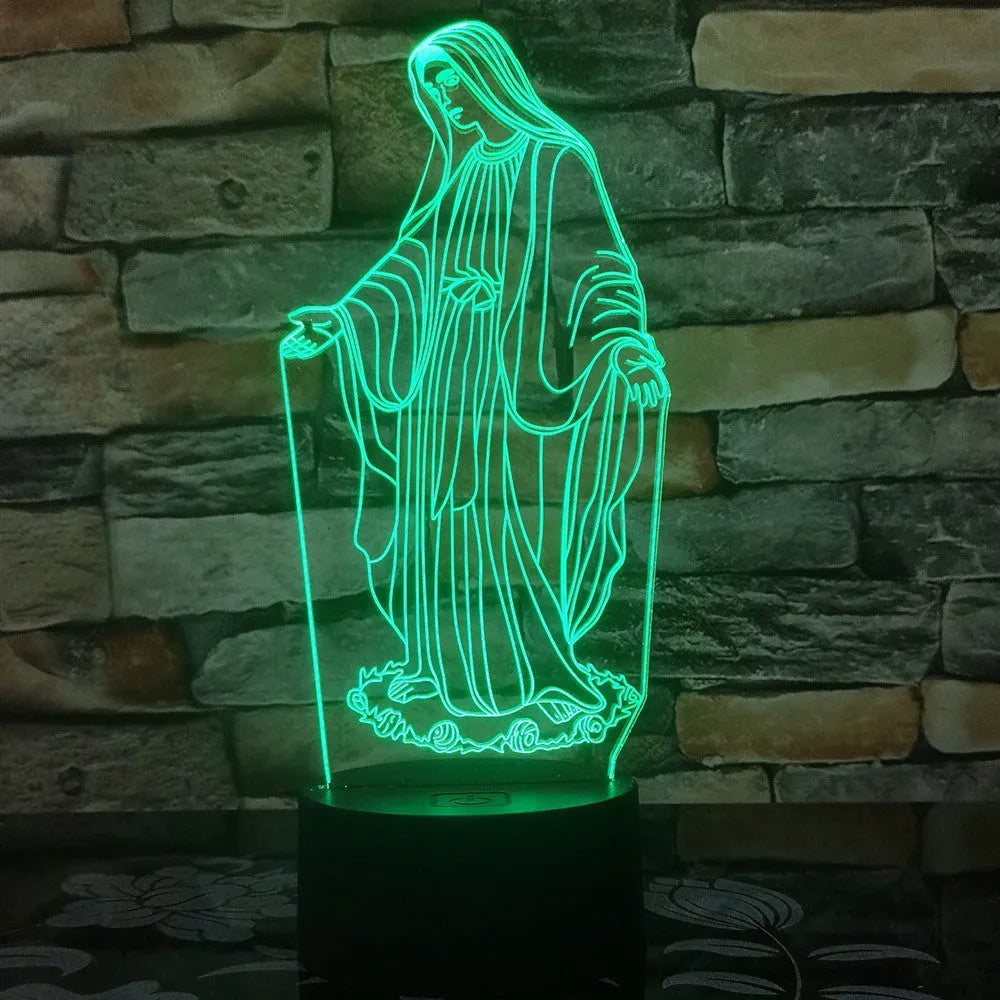 3D LED night light showing colourful dual ring pattern, with remote control and USB cable.