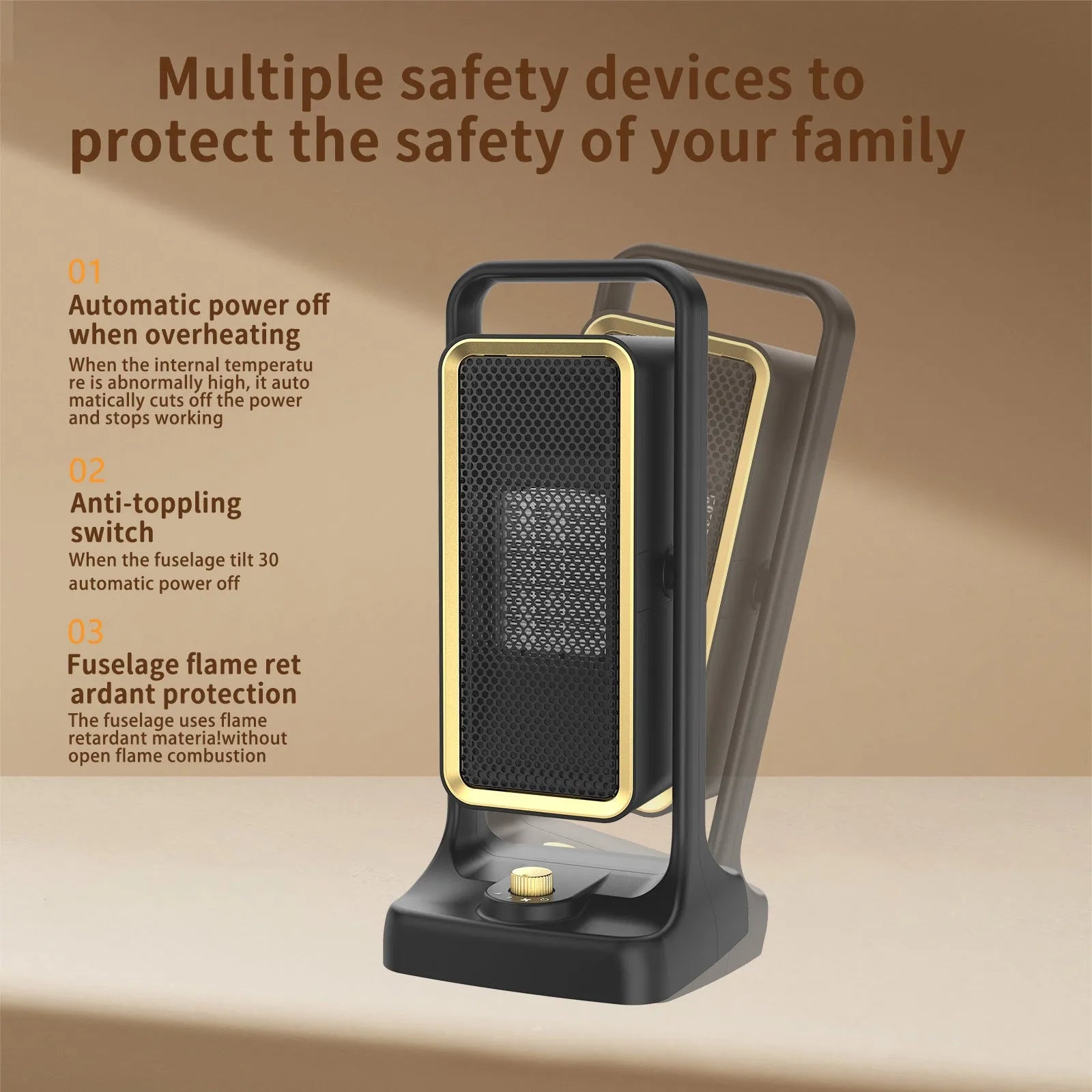 Black PTC ceramic desktop air heater with knob controls showing compact design