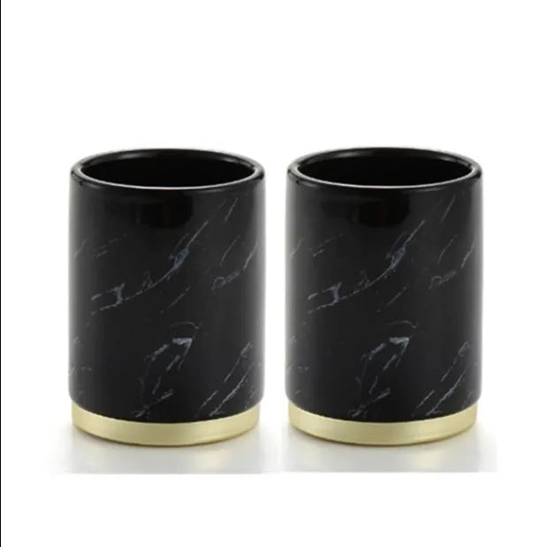 Ceramic bathroom set with emulsion bottle, cup, toothbrush holder, and soap dish in Phnom Penh Ink and Black bright glaze finish