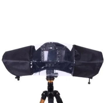 Single lens reflex camera with long focus lens fitted with rainproof cover for outdoor protection