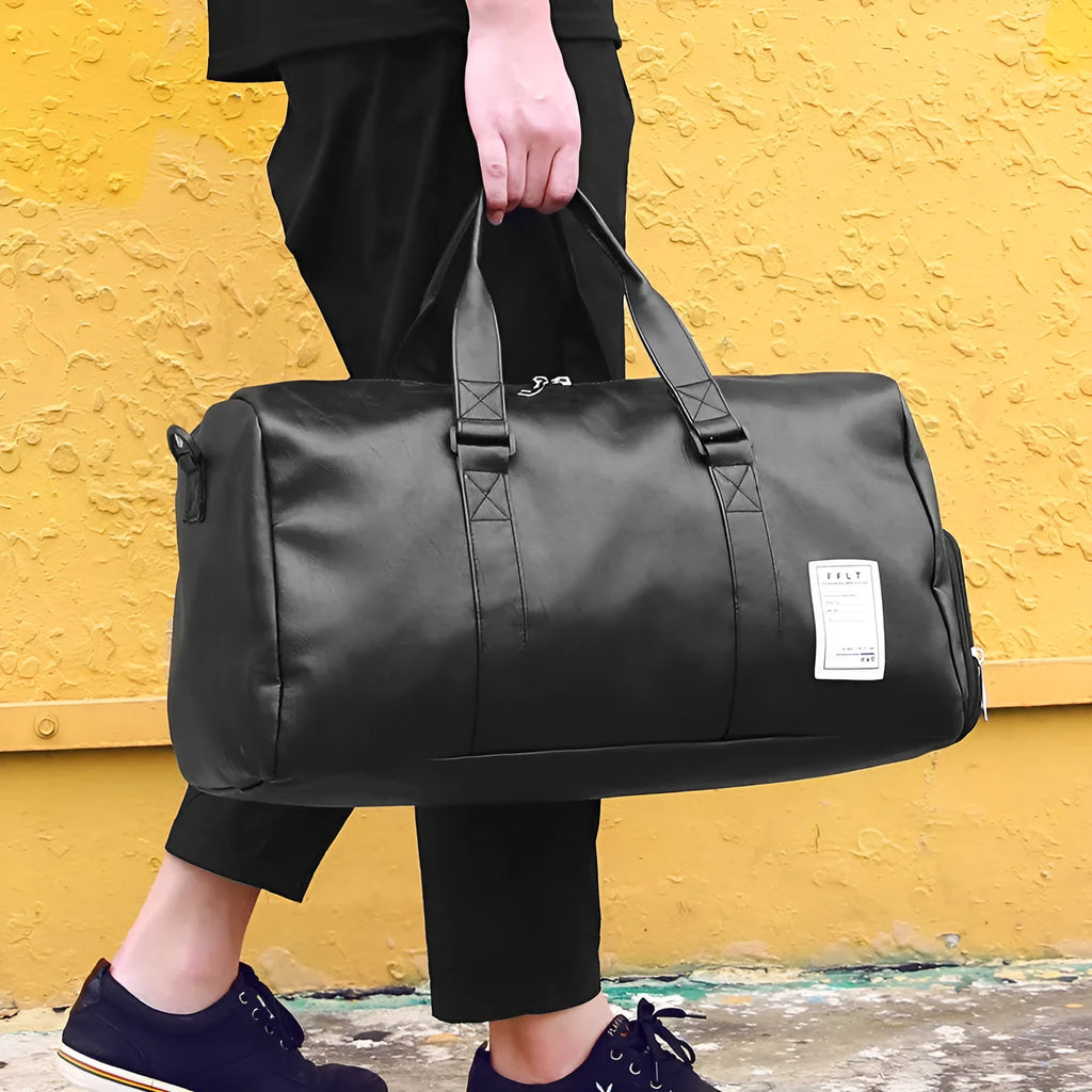 Black waterproof sports bag with separate shoe compartments shown in Large and Small sizes.