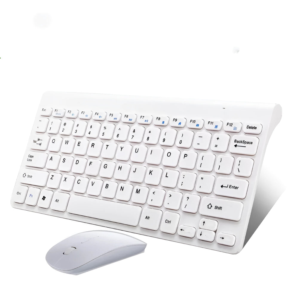 Black and white wireless keyboard and mouse set with 10-metre range
