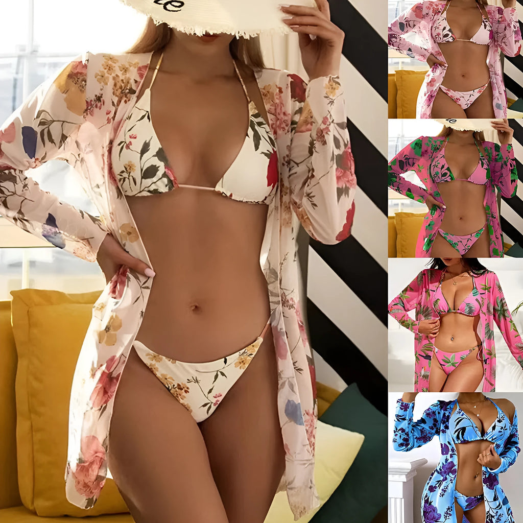 Women's floral printed mesh three-piece swimsuit set including bra, swim trunks, and cover-up blouse in milky white colour