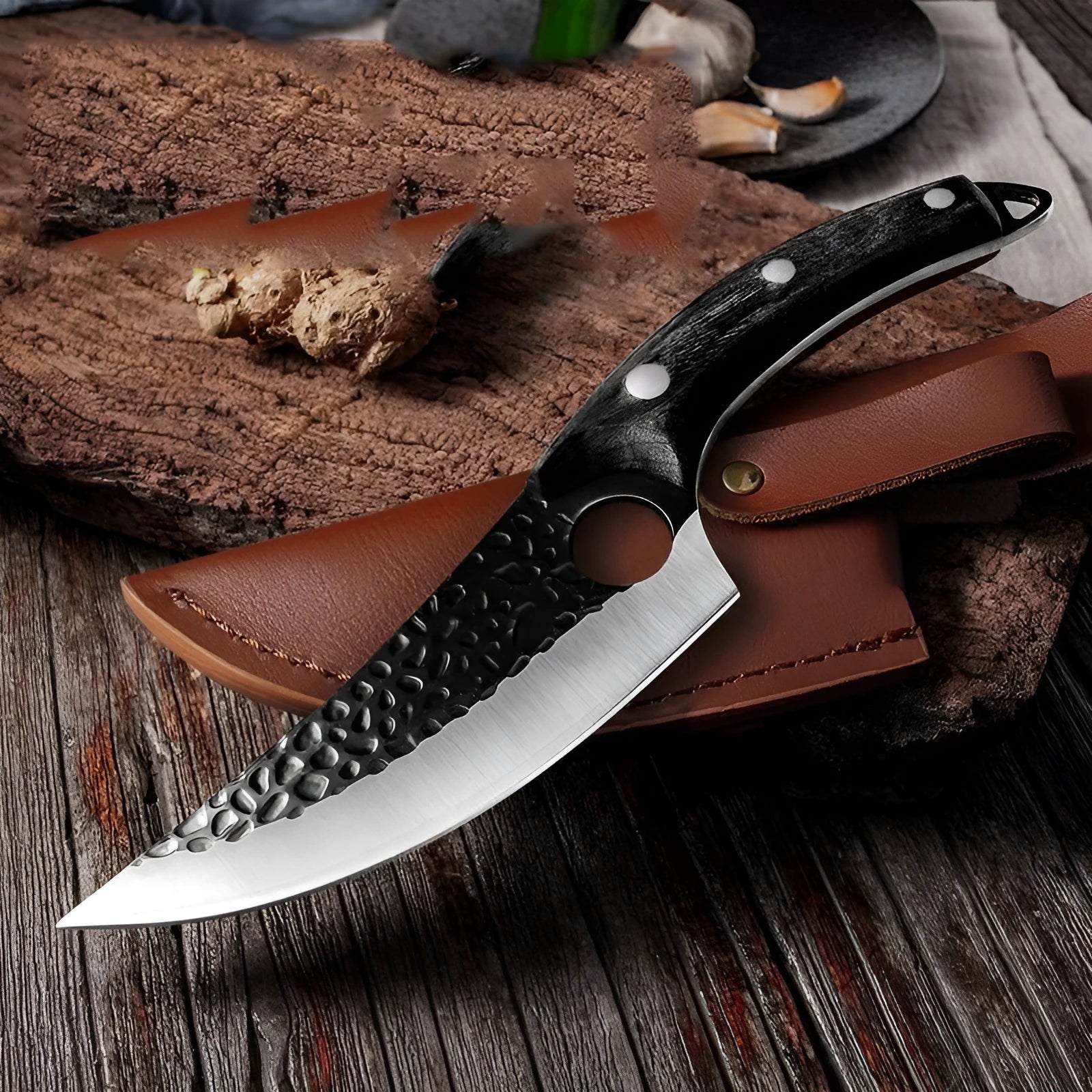 Forged 5CrMoV15 high carbon steel small scimitar boning knife with hammer pattern and black leather sheath