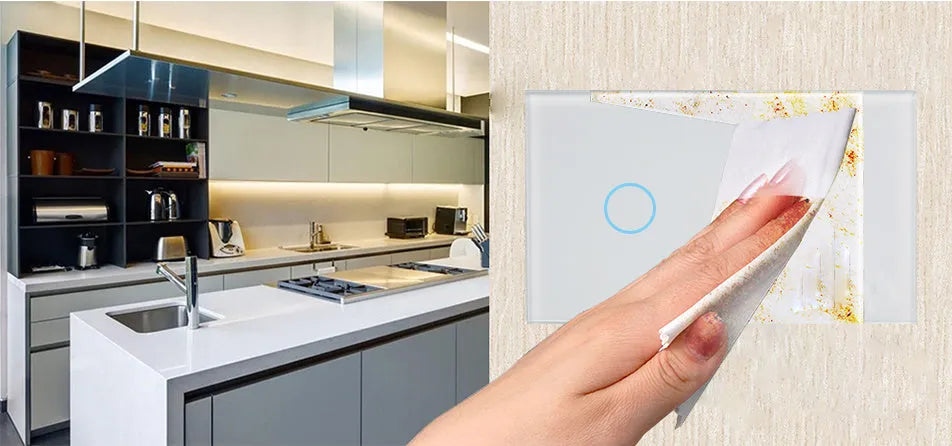 2-gang touch light switch with tempered glass panel and RF remote control in black, white, or gold