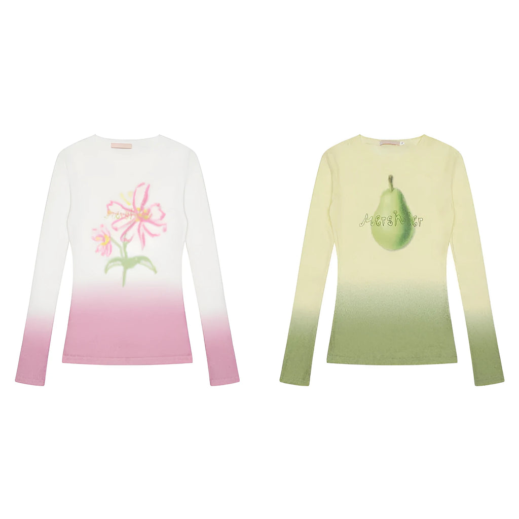Gradient flower long-sleeved T-shirt for women in light pink, thin polyester fabric