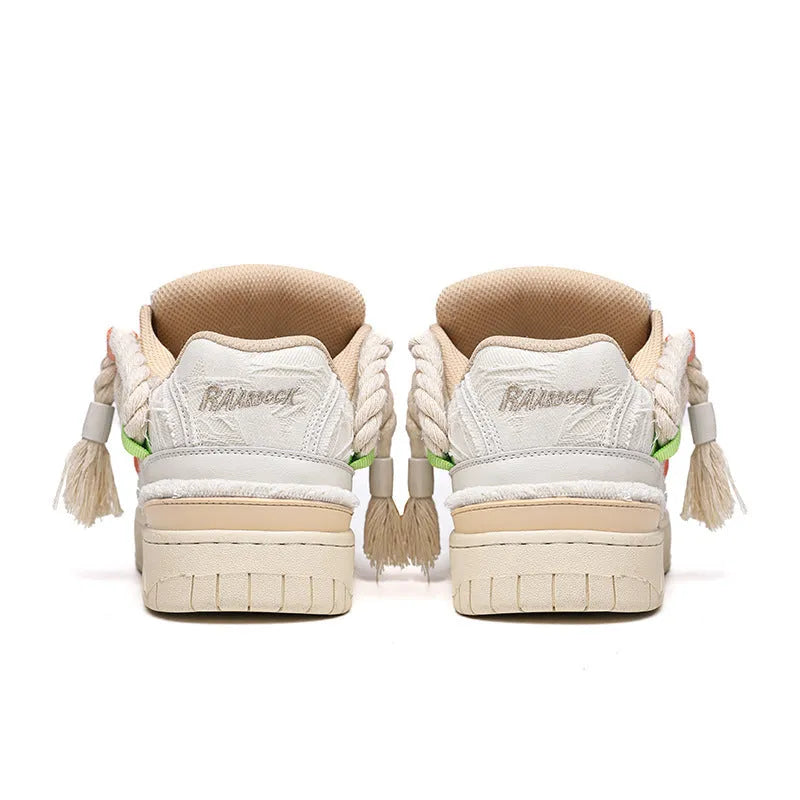 Creamy white retro skateboard trainers with old damage lace and round toe on rubber sole