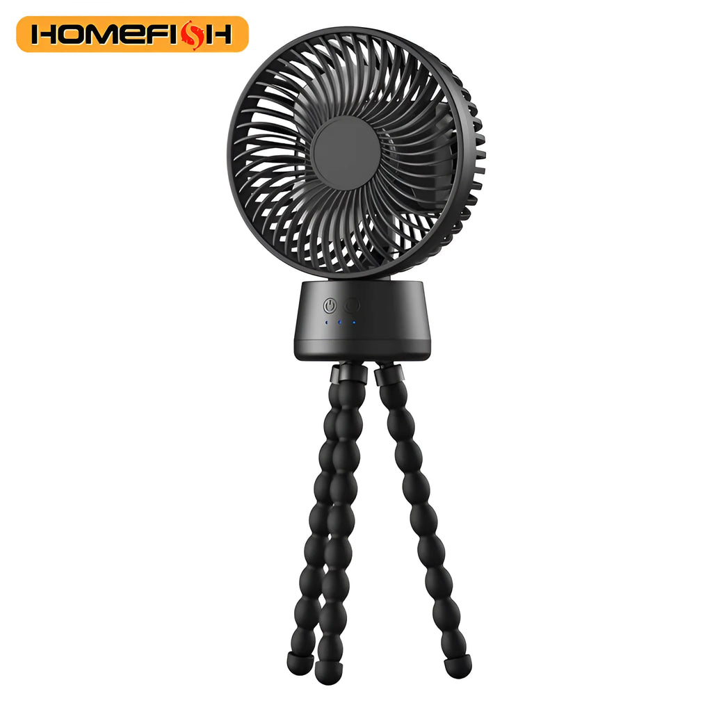 HOMEFISH F2 automatic shake head rechargeable fan with LED light and removable mounting bracket.