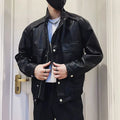 Men's black PU leather jacket with a straight hem and side pockets, Korean style.