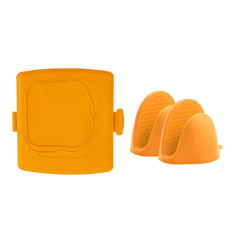 Red silicone baking tray with matching silicone heat-resistant gloves