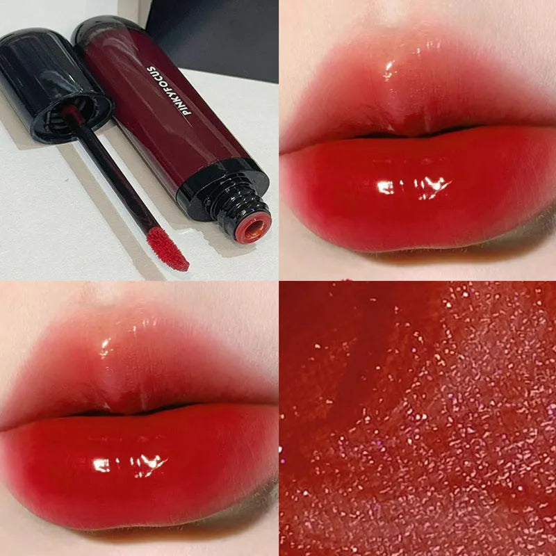 Black Shiny Mirror Lip Paint showing six colour shades in lacquer format