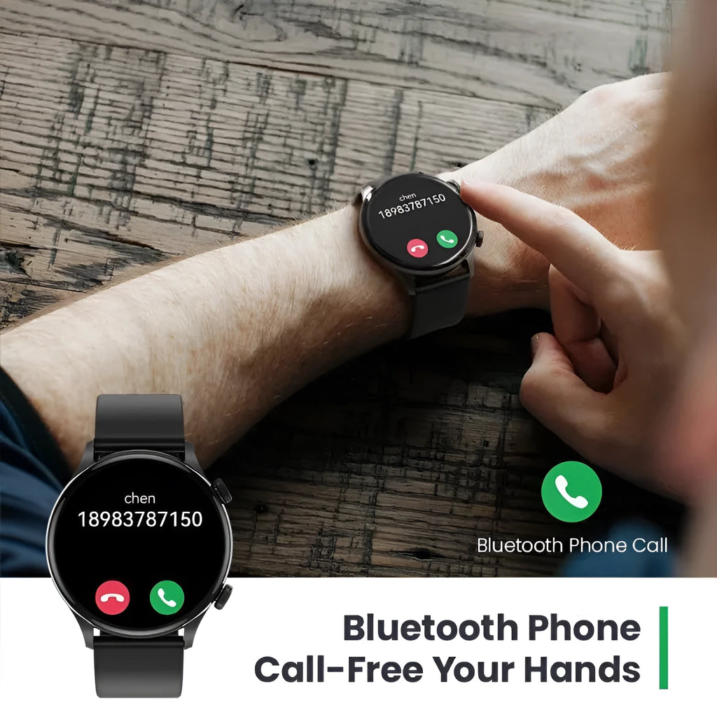 Black Bluetooth smartwatch with 1.43-inch AMOLED display showing heart rate and sports mode interfaces