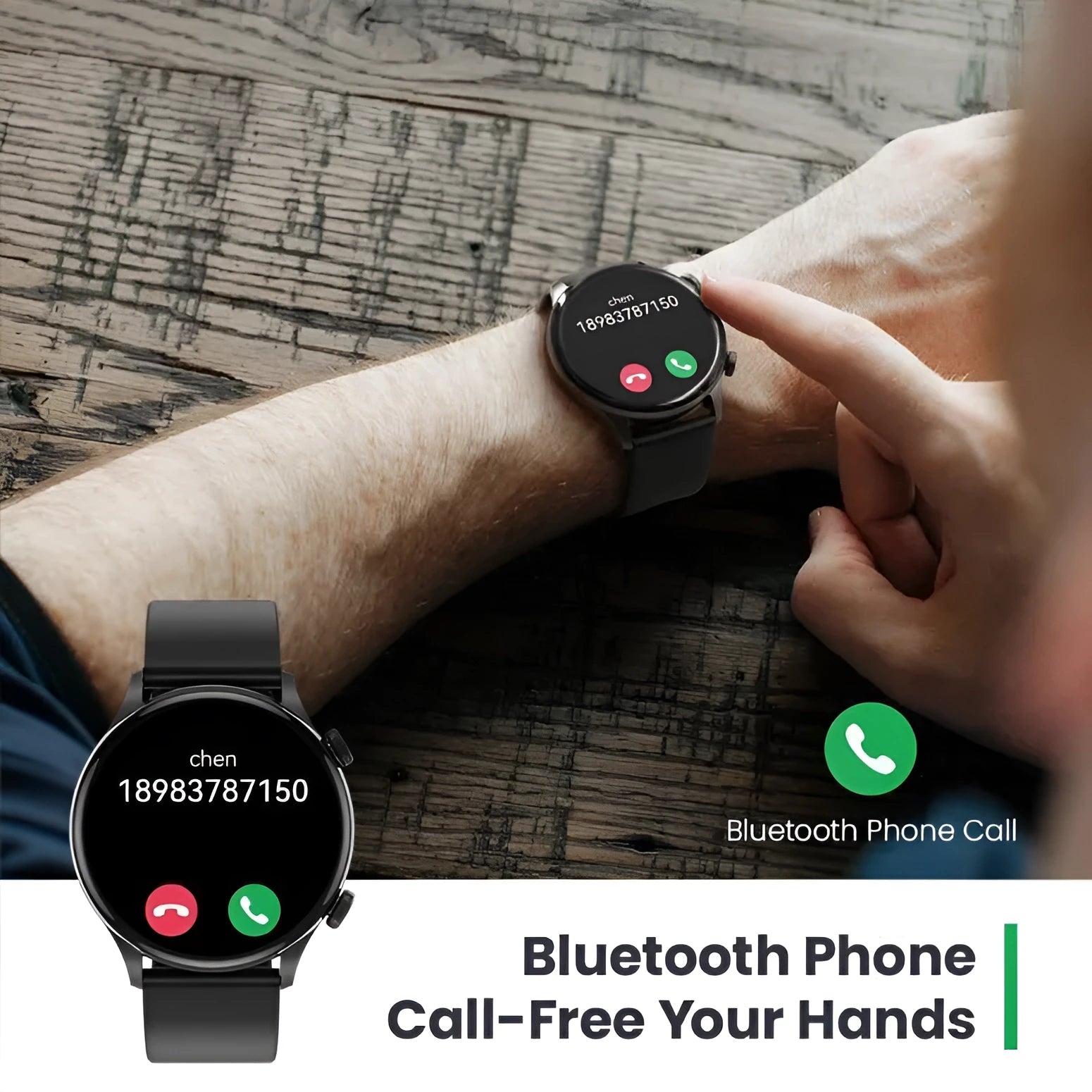 Black Bluetooth smartwatch with 1.43-inch AMOLED display showing heart rate and sports mode interfaces