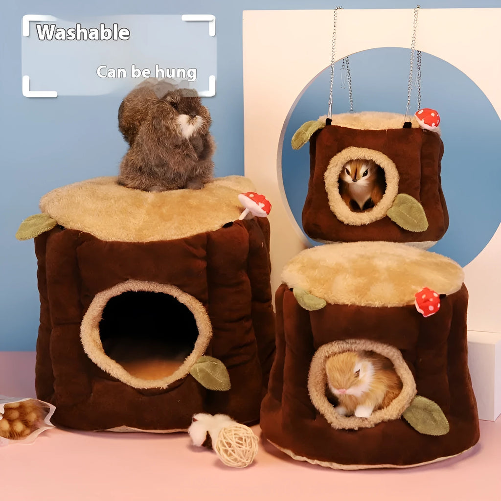 Brown cloth hanging stump nest for small pets, washable, size S M L