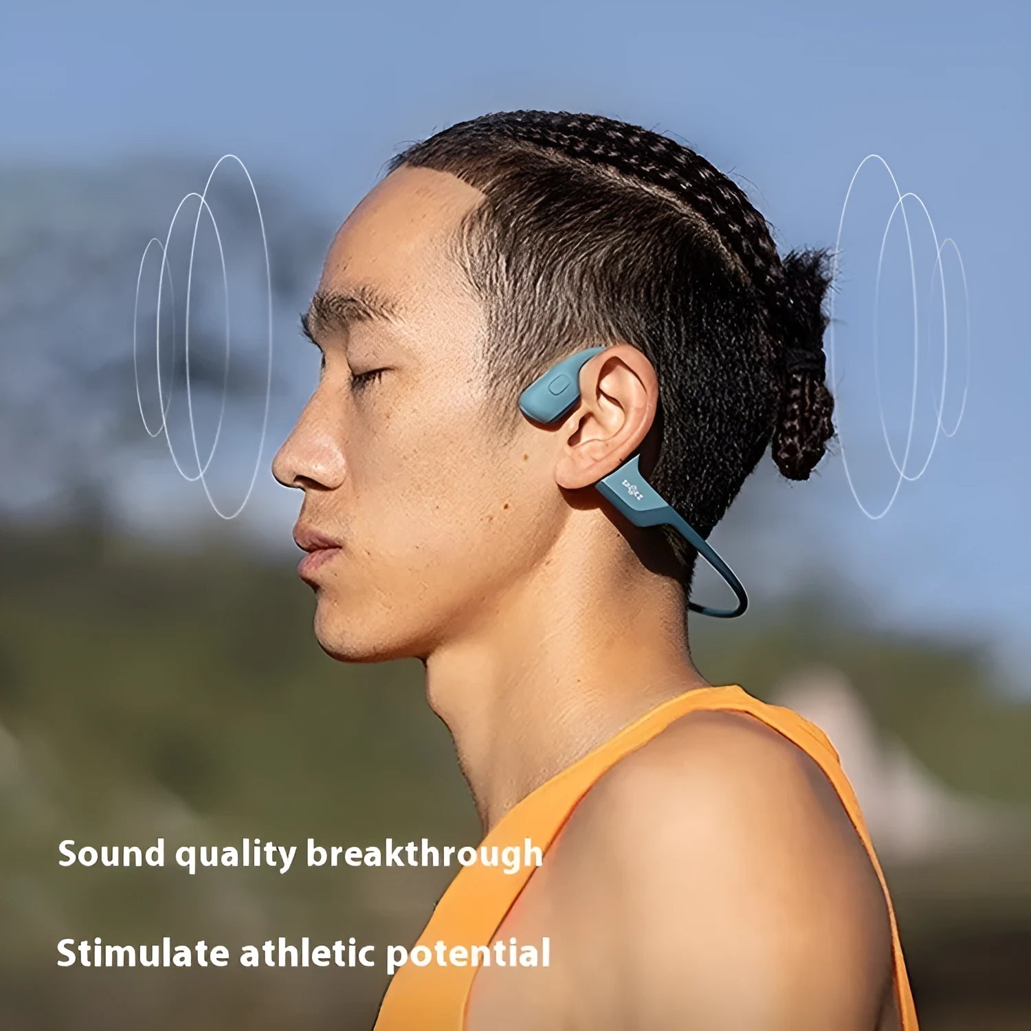 Bone conduction wireless earphones in Knight Black with titanium alloy frame and neck-hanging design