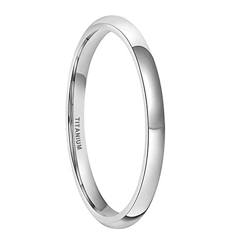 Silver titanium steel unisex ring on a finger, showing minimalist band in 2mm, 4mm, and 6mm width options.