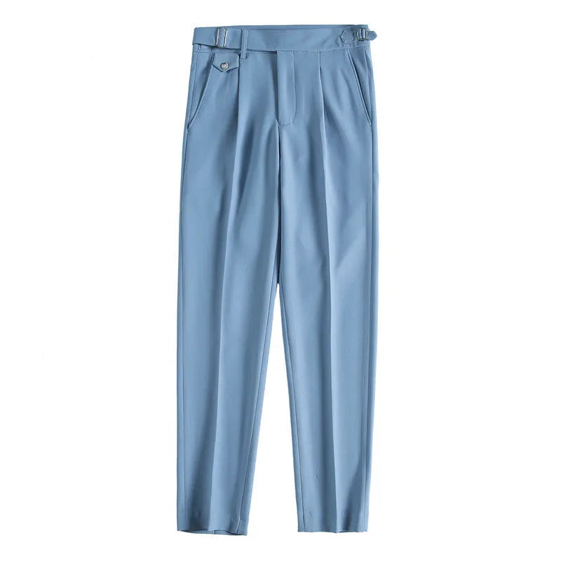 Men's straight-leg casual trousers in a solid colour on a neutral background.