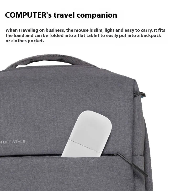 Folding wireless touch mouse shown in black colour with Bluetooth connectivity