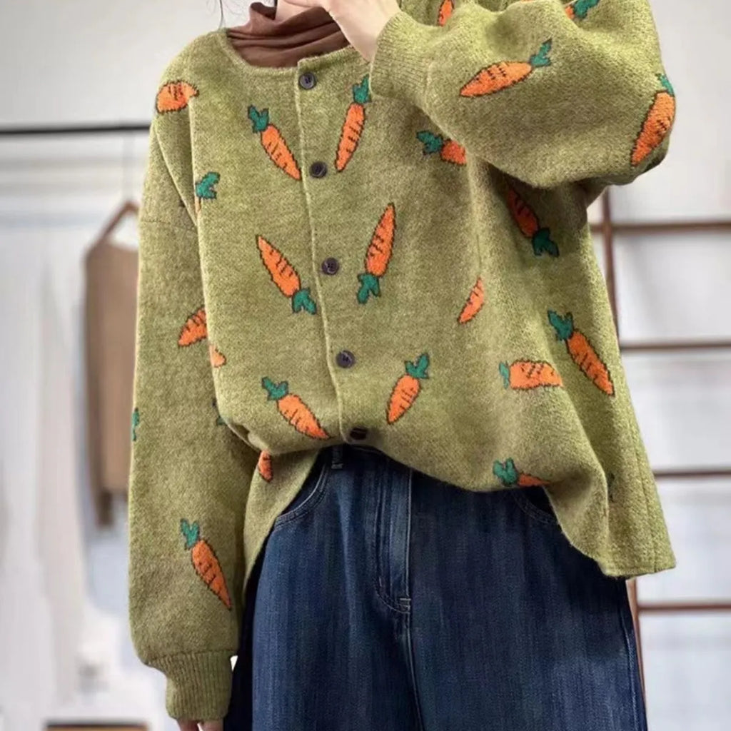 Mori artistic printing round neck loose cardigan sweater in pictured colour