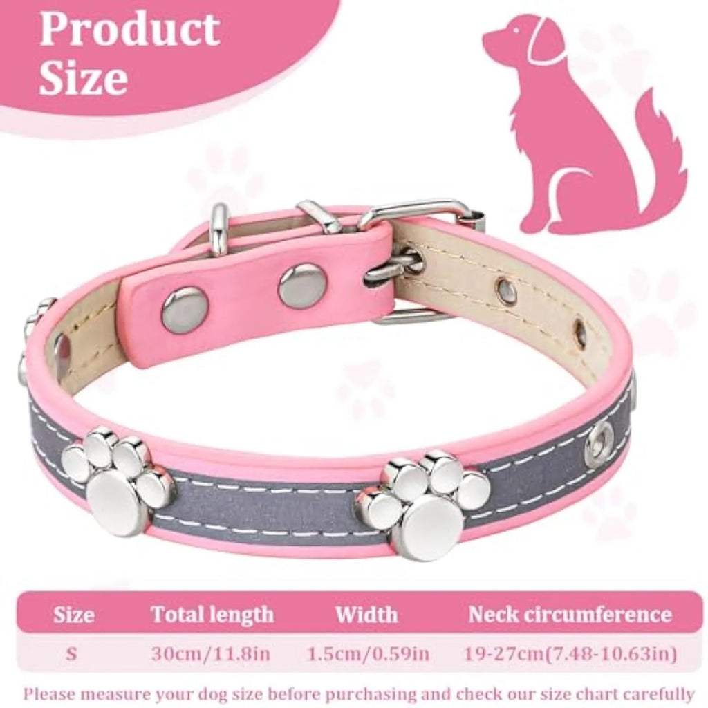 Reflective adjustable dog collar with paw-shaped rivet on PU leather band