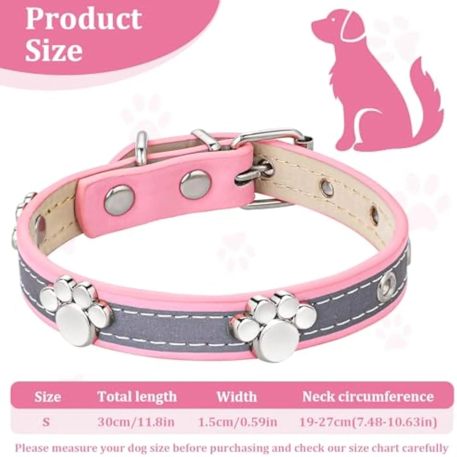 Reflective adjustable dog collar with paw-shaped rivet on PU leather band