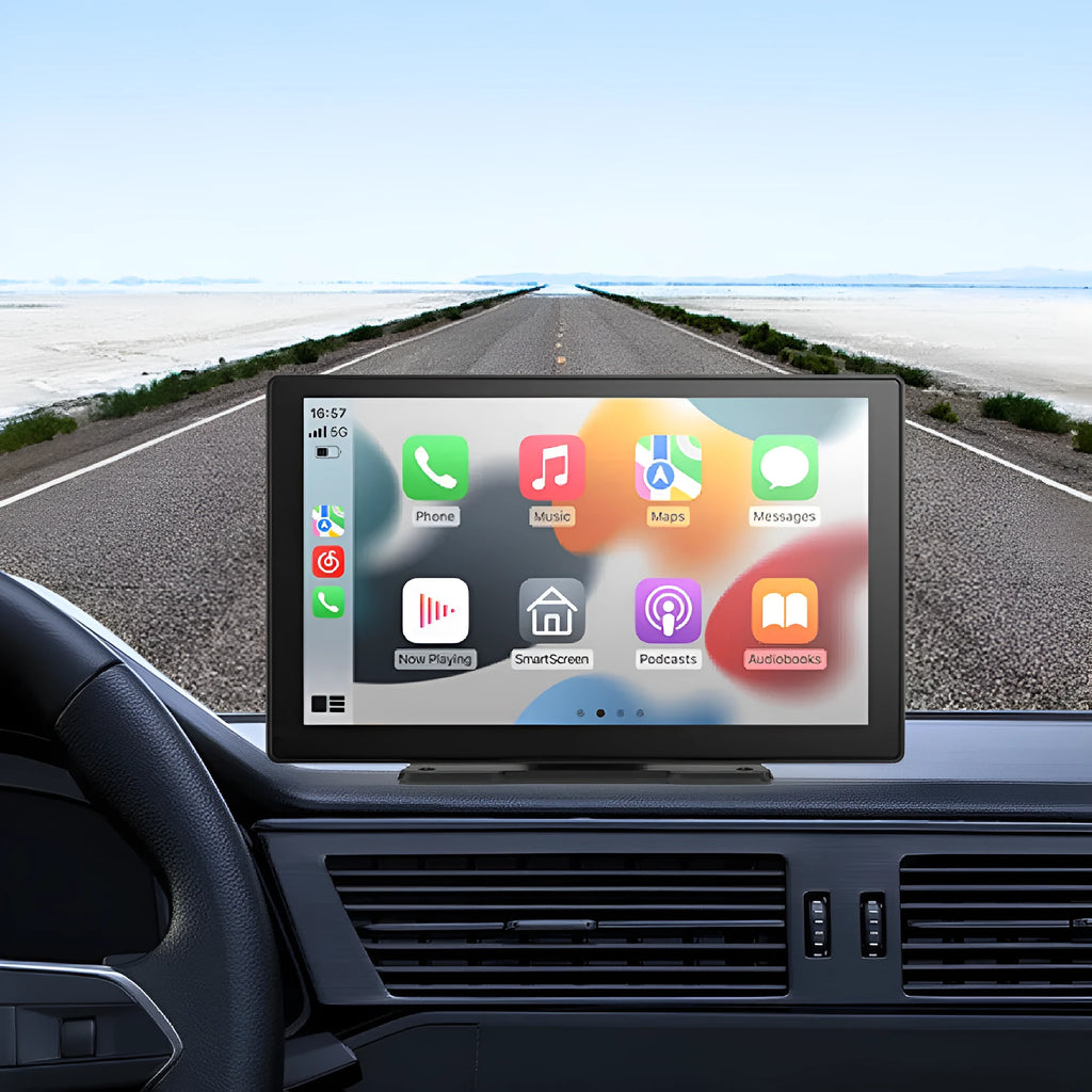 9-inch Carplay driving recorder with front and rear dual lenses mounted on centre console