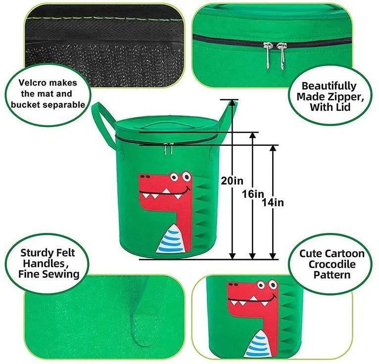 Green felt cube storage bag with pull rope shown as toy organiser and unfolded play mat