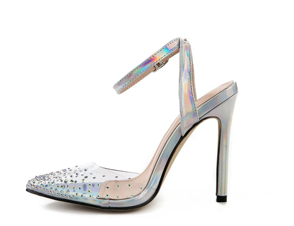Women's pointed toe diamond sandals with a stiletto heel and PVC upper.