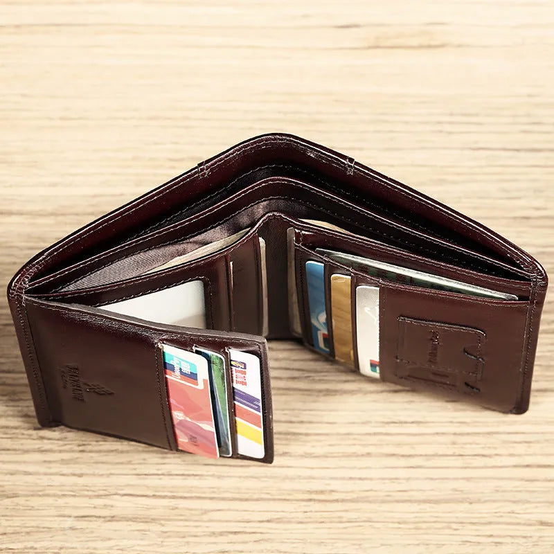 Men's black leather wallet open to show internal compartments for banknotes, cards, coins, and a concealed dark space.