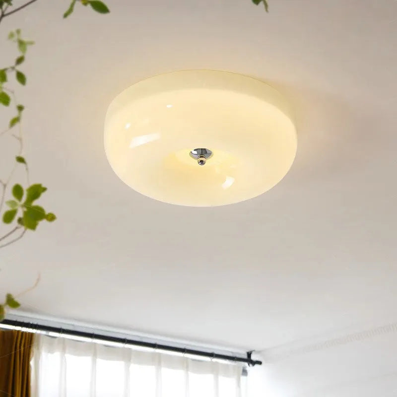Cream coloured American style bedroom ceiling lamp with three-colour lighting, shown in 30cm and 40cm diameter options