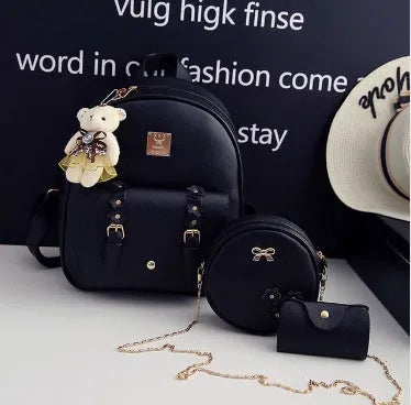 Three-piece women's bag set showing backpack, floral shoulder bag, and card holder in matching colour