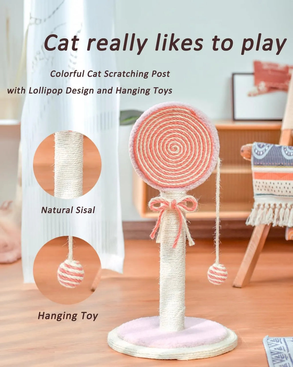 Blue cat scratching post with natural sisal rope and a hanging yellow ball on a sturdy wooden base.