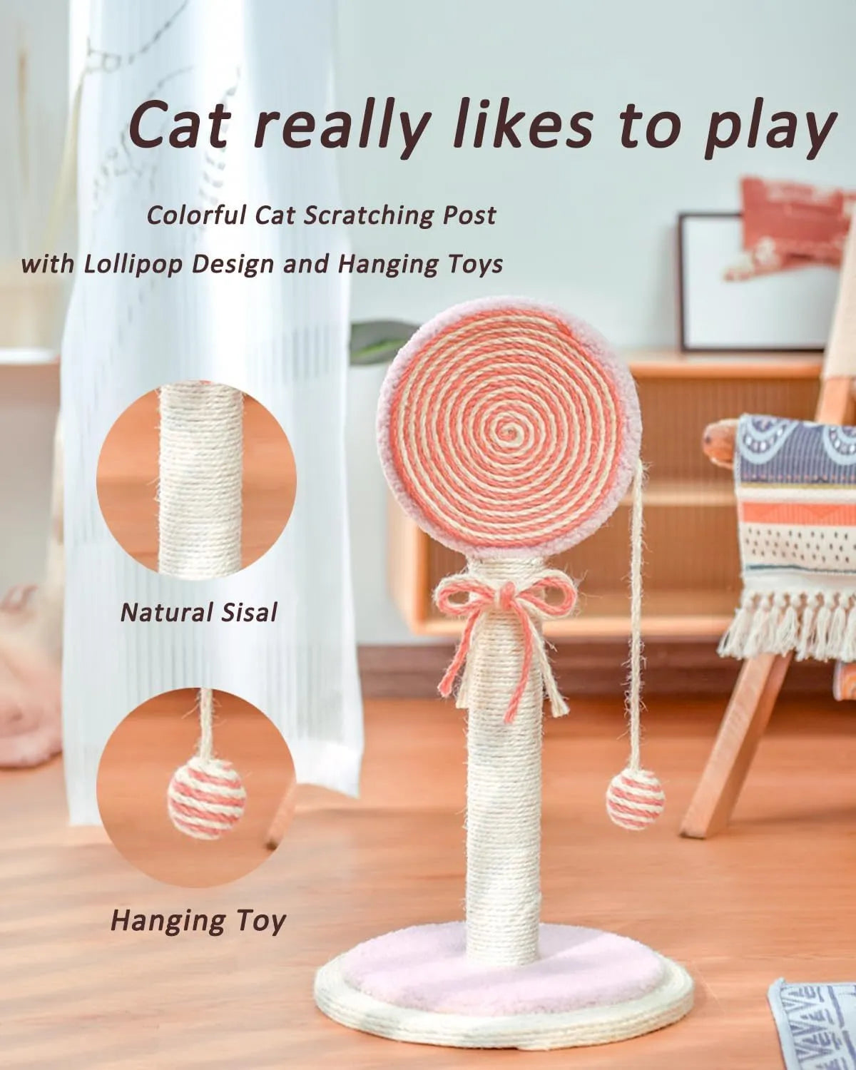 Blue cat scratching post with natural sisal rope and a hanging yellow ball on a sturdy wooden base.