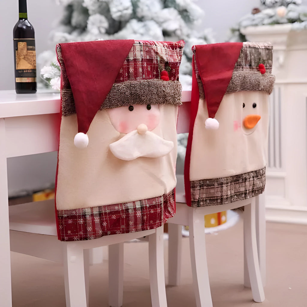 Set of Christmas chair covers with Santa Claus and snowman designs on standard dining chairs