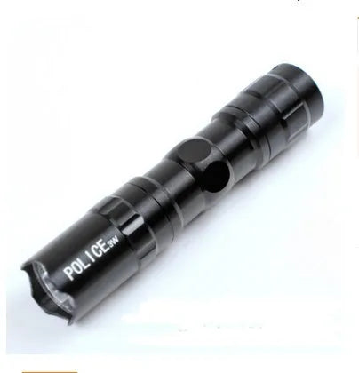 Black aluminium mini LED flashlight measuring 9.5cm long