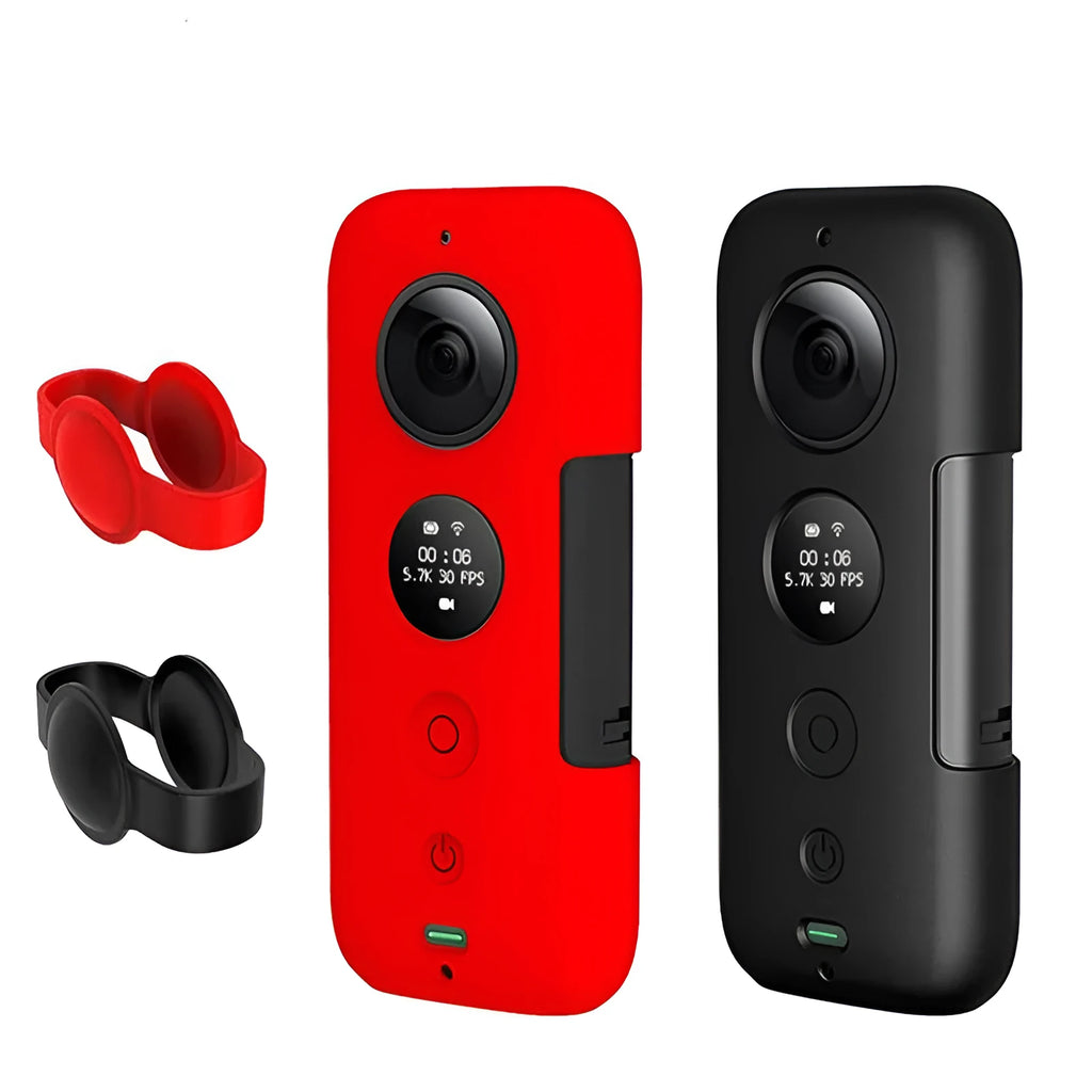 Insta360 ONE X silicone protective case in black and red showing precise cutouts for camera access
