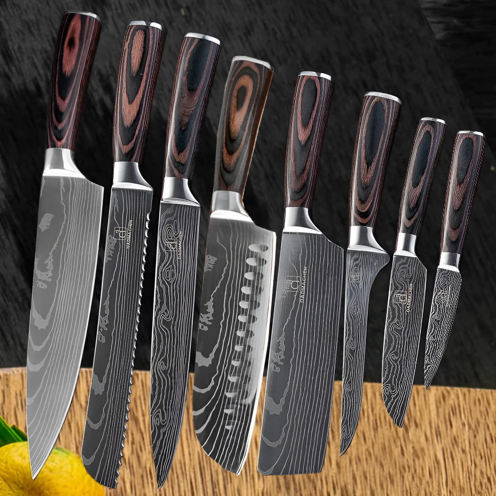 7CR17 stainless steel chef knife with laser Damascus pattern, 18cm blade and colour steel handle