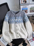 Women's jacquard knit sweater coat in a contrast colour, shown in a loose fit.