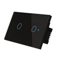 2-gang touch light switch with tempered glass panel and RF remote control in black, white, or gold