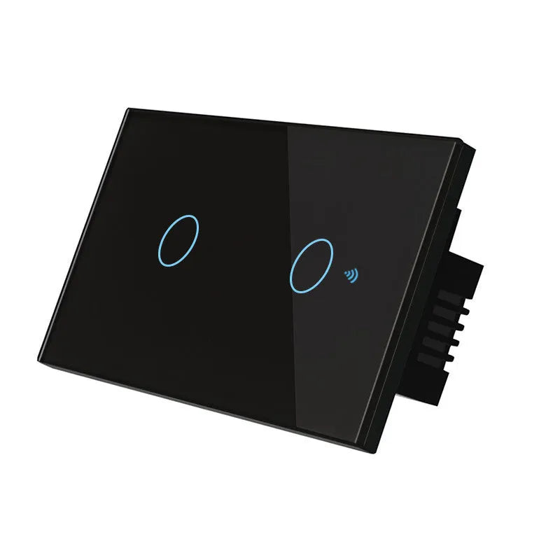 2-gang touch light switch with tempered glass panel and RF remote control in black, white, or gold